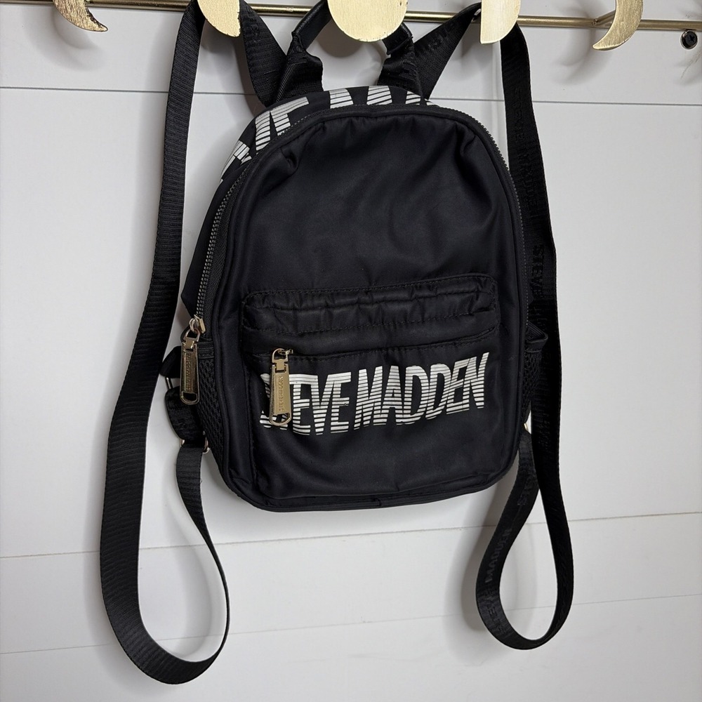 Steve Madden Womens Logo Mini Backpack Black White Casual College Travel Purse